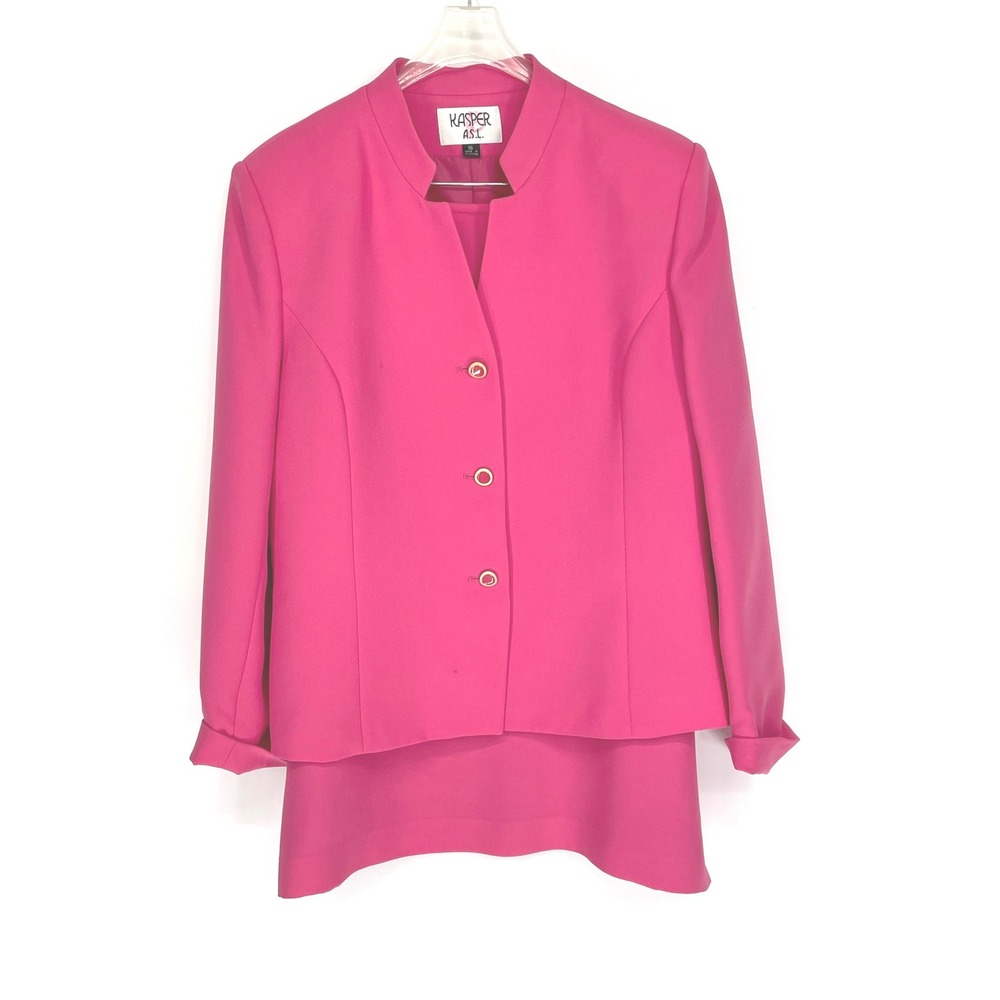 Kasper A.S.L. Womens 16/18 Skirt Suit Pink Mock Neck Gold Button Blazer